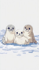 Obraz premium seal cute animals marine life wildlife water cartoon fun illustration playful ocean family friends art nature adorable baby seal three seals animal illustration 