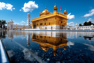 Fototapeta premium Golden temple, reflecting in a serene pond, peaceful atmosphere shines brilliantly under the sun, representing purity and devotion