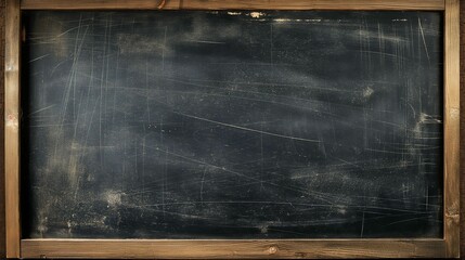 Old chalkboard with wooden frame and chalk scribbles.
