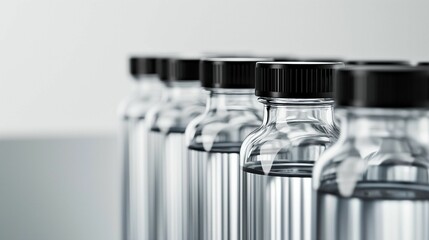 Image of clear plastic bottles with black caps in a row.