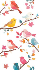 birds tree colorful nature illustration branches leaves wildlife art vibrant autumn cute birds whimsical design avian life decorative art seasonal theme 