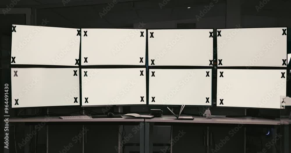 Poster office, computer monitor and screen with tracking markers on mockup for trading, research and info. 