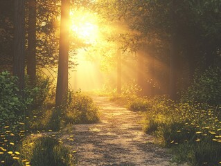 Sunlit Path Through Forest.