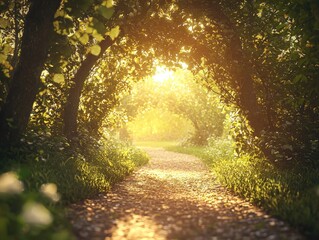 Fototapeta premium Sunlit Path Through Lush Green Forest