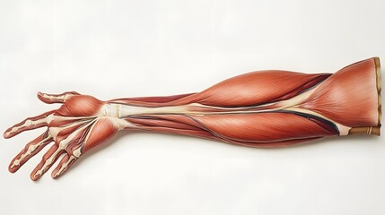 Cross-Section of the Arm Muscles: A cross-sectional view of the arm, focusing on the detailed layers of the muscles, tendons, and bones.
