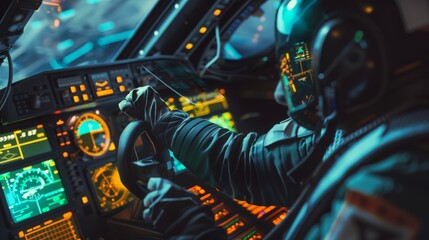A pilot in a sophisticated spacecraft cockpit grips the controls confidently, surrounded by glowing instruments, ready for a daring interstellar voyage.