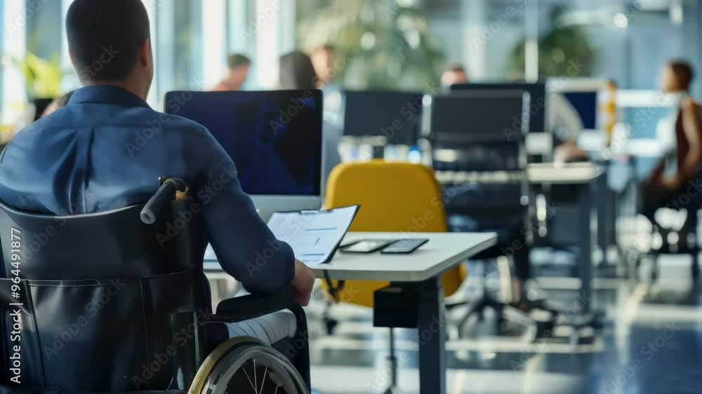 Aufkleber Rear view of a man in a wheelchair working at a desk in an open-plan office. Accessibility and employment inclusion in a modern workspace.