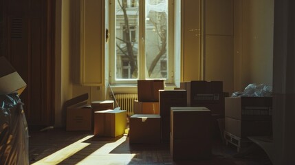 Packed boxes in a sunlit room with a large window overlooking the street.