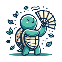 Colorful Adorable Turtle Icon Cooling Off with Fan Whimsical Nature Art vector graphics