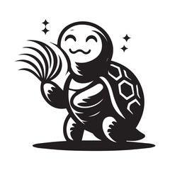 Smiling cartoon turtle with fan in breezy weather black silhouette vector art