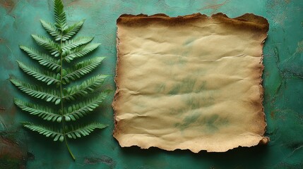 A textured background featuring a fern and a blank parchment.