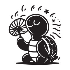 Turtle relaxing outdoors with fan and leaves black color silhouette vector art