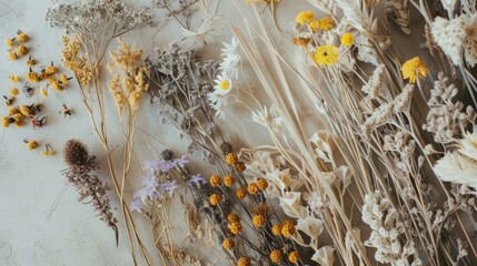 An artistic photograph showcasing varieties of dried flowers arranged in a gradient fashion, reflecting different stages of bloom and exuding a calm, natural beauty.