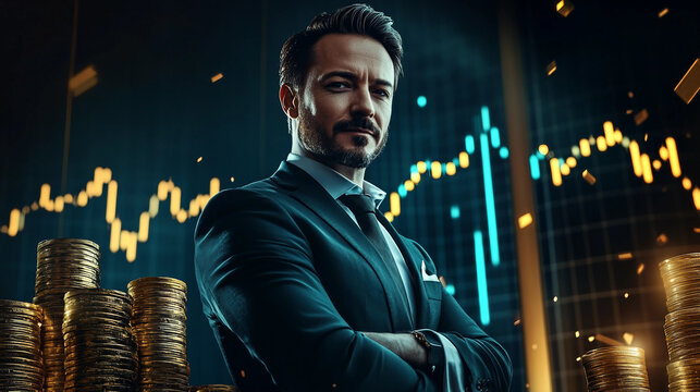 GET RICH NOW Luxurious Financial Triumph Scene with Sharp-Dressed Man and Wealth Symbols

