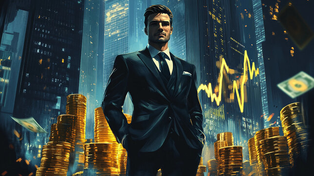 GET RICH NOW Luxurious Financial Triumph Scene with Sharp-Dressed Man and Wealth Symbols

