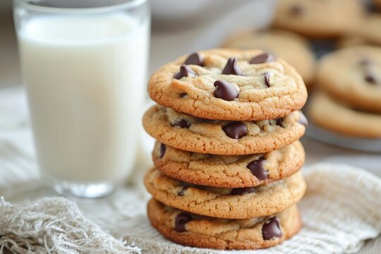 A stack of chewy peanut butter chocolate chip cookies, with a glass of milk in the background