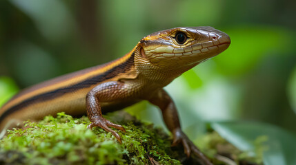 Fototapeta premium The Borneo skink, also known as the striped tree skink, is a type of lizard that is only found on the island of Borneo.