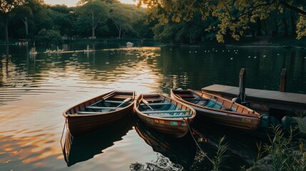 Obraz premium Three wooden rowboats gently float at a dock on a serene lake at sunset, surrounded by lush greenery and sparkling water.