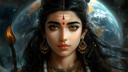 A digital artwork portraying a divine feminine figure with cosmic elements.