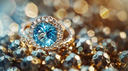 A close-up shot of a dazzling blue gemstone ring surrounded by sparkling gold and light reflections, exuding luxury and elegance.