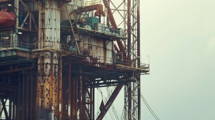 The rusty but imposing structure of an oil rig stands against a foggy, gray backdrop, revealing the wear and tear of constant use.