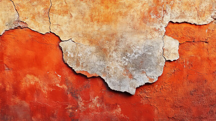 Obraz premium The photo shows a rough wall painted a warm reddish-orange. It's cracked and uneven, hinting at its age and the effects of time.