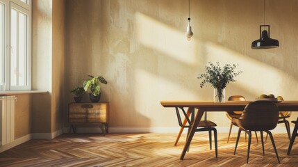 Bright dining room bathed in sunlight, featuring wooden furniture, indoor plants, and a cozy atmosphere.