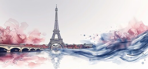 Watercolor painting of the Eiffel Tower in Paris, France. The painting features a soft, dreamy aesthetic with pink and blue colors.