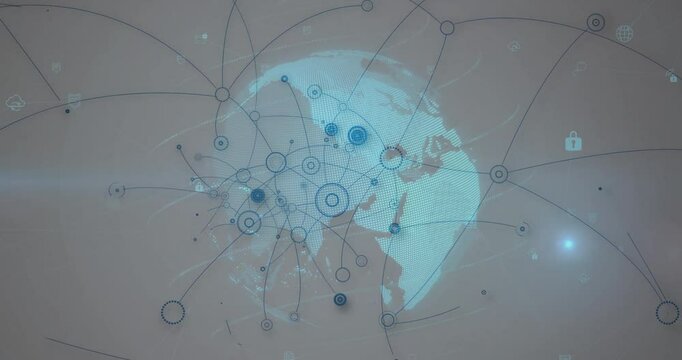 Animation of network of connections and globe over media icons