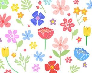 Hand drawn flower. Cute spring flowers and leaves. floral and botanical element. Leaf branch. Design for fabric, wallpaper, textile. vector illustration