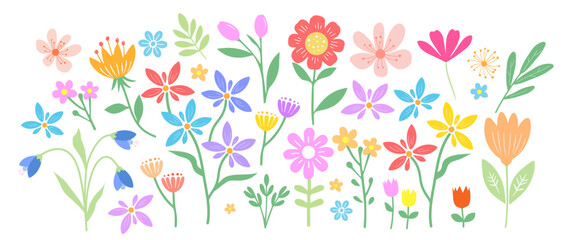 Hand drawn flower. Cute spring flowers and leaves. floral and botanical element. Leaf branch. Design for fabric, wallpaper, textile. vector illustration