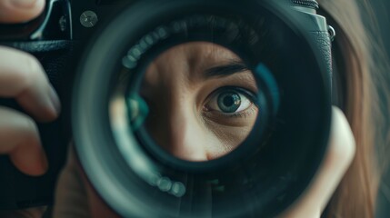 A large eye peers through a camera lens, capturing the intense focus and curiosity of the photographer.