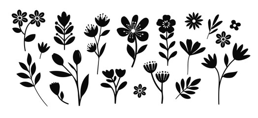 Silhouette flower. Hand drawn flower. Cute spring flowers and leaves. floral and botanical element. Leaf branch. vector illustration