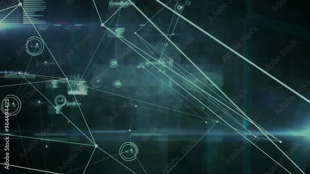 Poster animation of network of connections with data processing on black background
