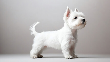 A charming white dog stands gracefully, showcasing its playful and friendly demeanor in a well-lit studio setting.