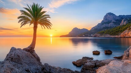 Obraz premium A lone palm tree on a rocky shore at sunset, AI
