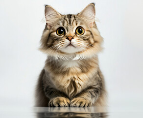 A charming cat with large eyes and fluffy fur, exuding curiosity and playfulness in a minimalistic studio setting.