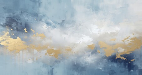 A serene abstract painting featuring soft blues, whites, and golds, evoking calmness and elegance.