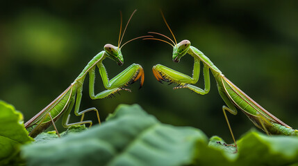 Two praying mantises were interacting in a lovely way. Their movements were graceful and delicate, almost like a dance.