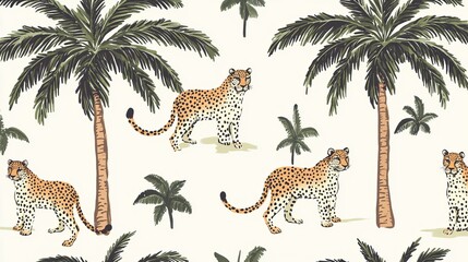 A cute pattern with Asian leopards under palm trees. It has a jungle design and is perfect for wallpaper or fabric.