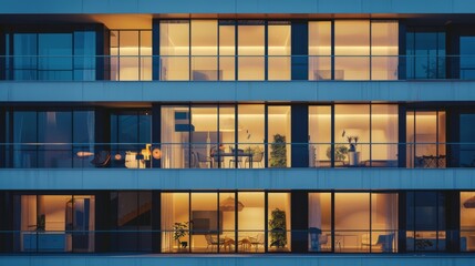 Obraz premium Evening shot of a modern residential building with large, warm-lit windows exuding a cozy, inviting atmosphere against the twilight sky.