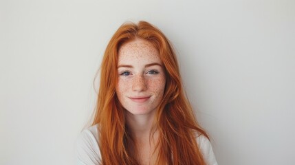 Fototapeta premium A young girl with vibrant red hair and freckles smiles softly against a plain white backdrop, exuding a sense of innocence and warmth.