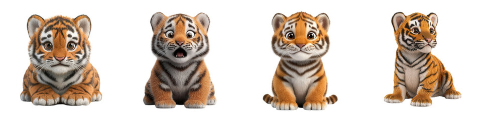 Fototapeta premium A set of four adorable cartoon tigers showcasing various emotions, perfect for children's books and playful designs. isolated on a transparent background