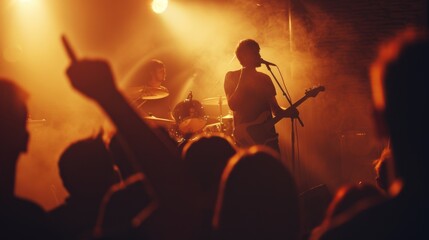 Fototapeta premium A silhouette of a singer and drummer on stage during an electrifying live concert, bathed in warming lights.