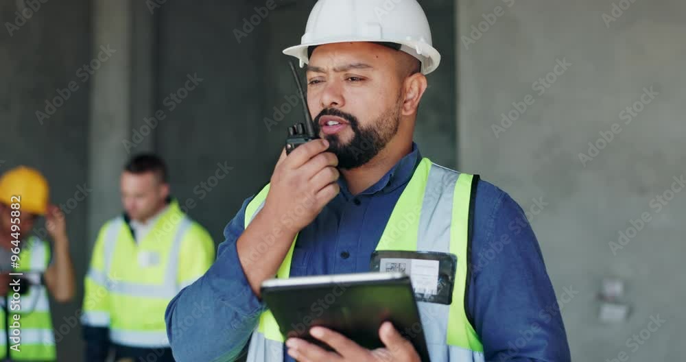 Poster radio, tablet and safety with man on construction site for project management, property development 