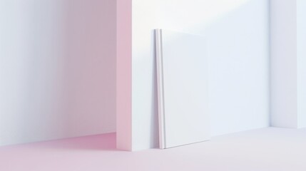 A sleek white book leaning against a corner wall, bathed in soft light, evoking simplicity and modern design.