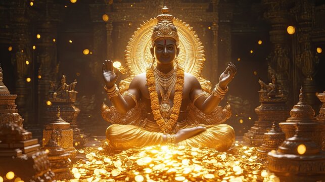 Kubera granting wealth to his devotees, surrounded by gold coins and treasures, with a backdrop of a golden temple and divine light
