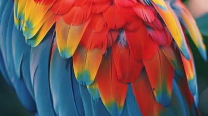 Fototapeta premium Close-up shot of a parrot's vibrant, multi-colored feathers displaying a beautiful range of red, yellow, and blue hues.