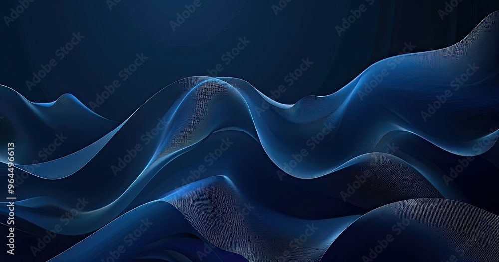 Poster a serene abstract representation of flowing waves in deep blue tones, evoking a sense of calm and tr