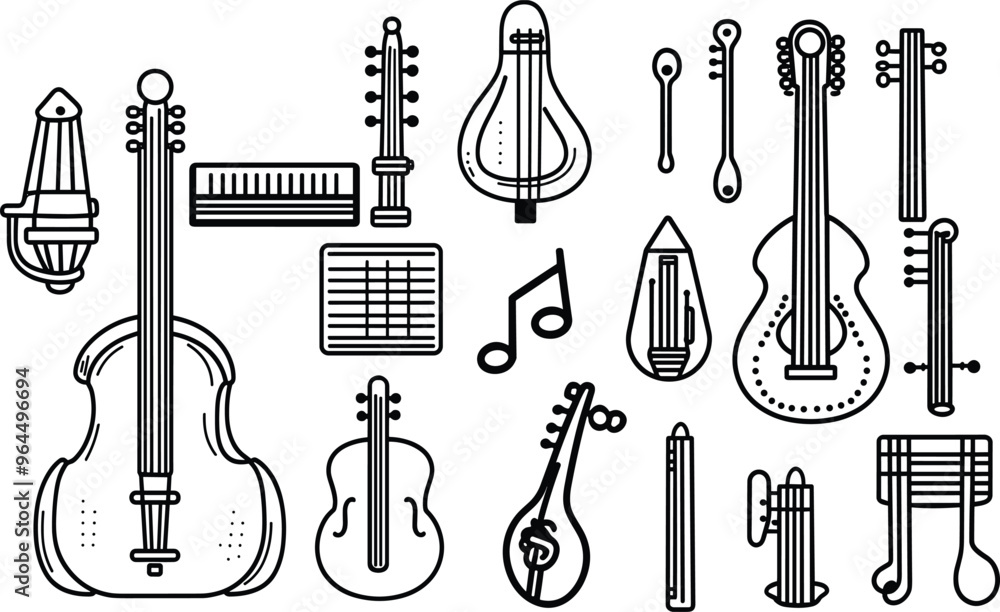 Wall mural doodle set of mariachian musical instruments. vector black outline drawings